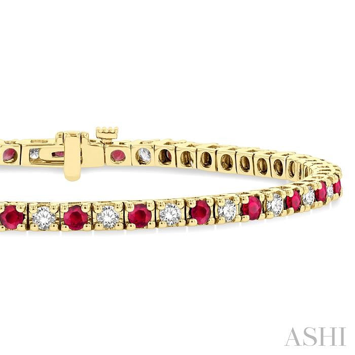 2.5 MM Ruby and 1 1/2 Ctw Round Cut Diamond Square Box Link Precious Tennis Bracelet in 14K Yellow Gold
