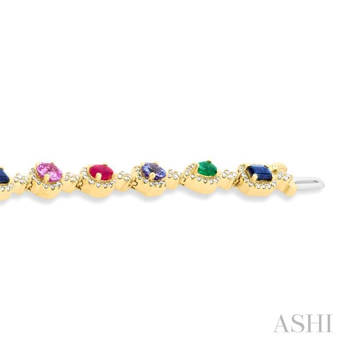 4X3 MM & 3.5 MM Mixed Shape Gemstone Rainbow and 1 Ctw Round Cut Diamond Halo Precious Tennis Bracelet in 14K Yellow Gol