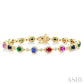 4X3 MM & 3.5 MM Mixed Shape Gemstone Rainbow and 1 Ctw Round Cut Diamond Halo Precious Tennis Bracelet in 14K Yellow Gol