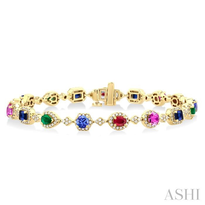 4X3 MM & 3.5 MM Mixed Shape Gemstone Rainbow and 1 Ctw Round Cut Diamond Halo Precious Tennis Bracelet in 14K Yellow Gol
