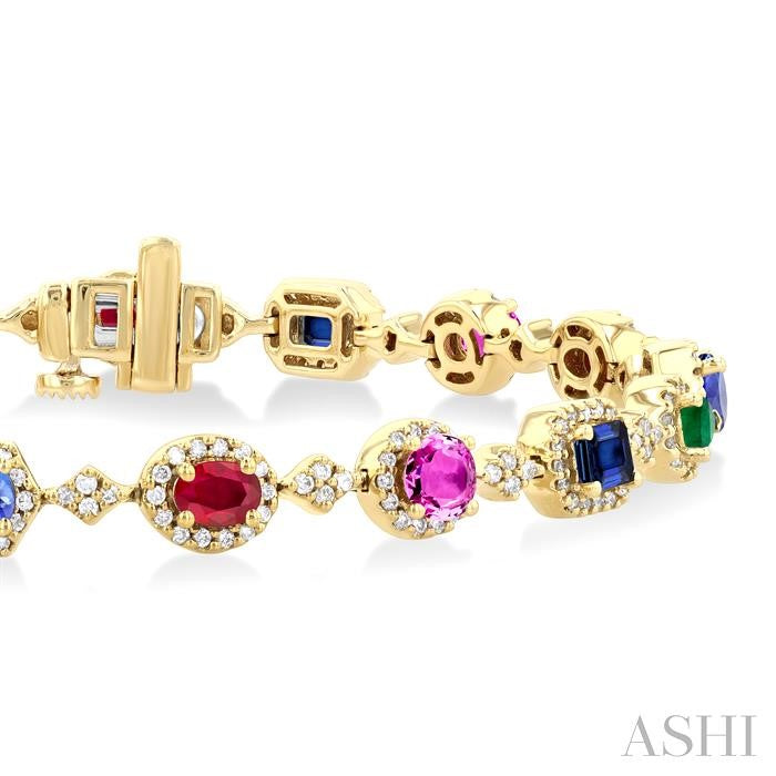 4X3 MM & 3.5 MM Mixed Shape Gemstone Rainbow and 1 Ctw Round Cut Diamond Halo Precious Tennis Bracelet in 14K Yellow Gol
