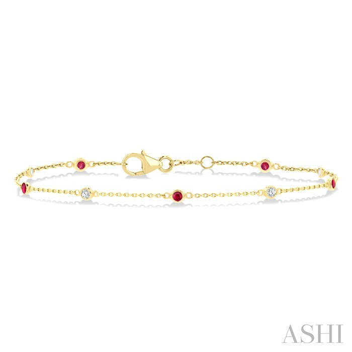 1.8 MM Ruby and 1/10 Ctw Bezel Set Round Cut Diamond Precious Gemstone Station Bracelet in 14K Yellow Gold