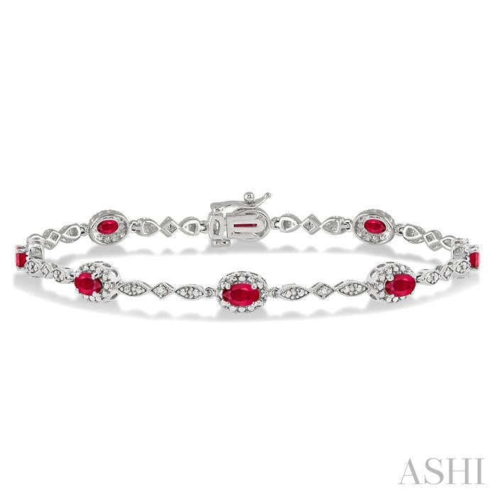 5X3 MM Oval Cut Ruby and 1/20 Ctw Round Cut Diamond Bracelet in 14K White Gold
