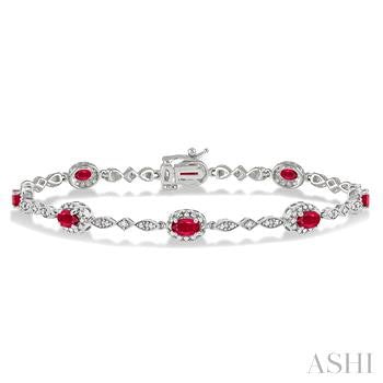 5X3 MM Oval Cut Ruby and 1/20 Ctw Round Cut Diamond Bracelet in 14K White Gold