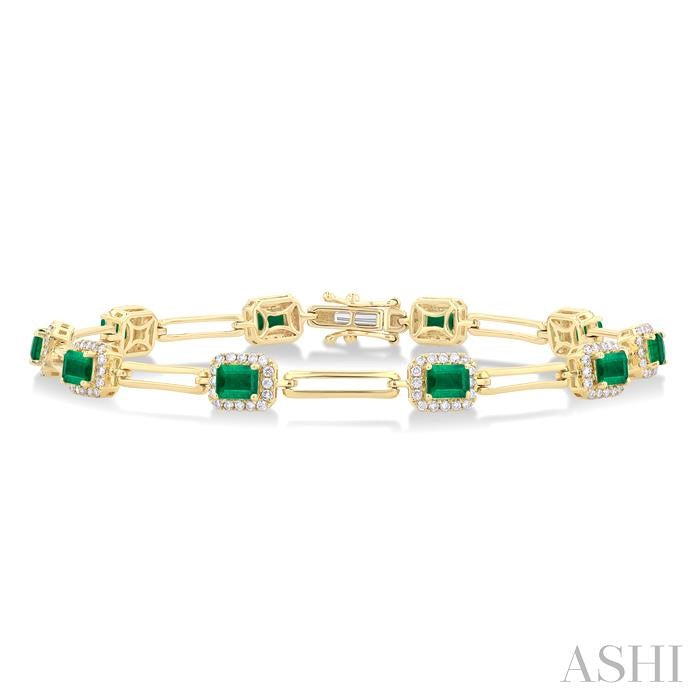 4X3 MM Emerald and 5/8 Ctw Round Cut Diamond Halo Precious Open Link Bracelet in 14K Yellow Gold
