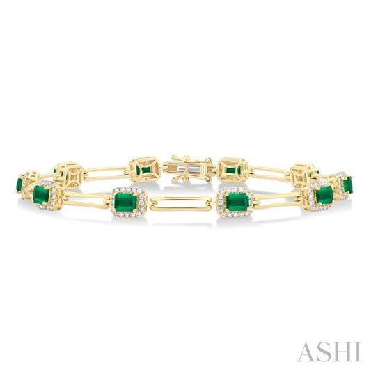 4X3 MM Emerald and 5/8 Ctw Round Cut Diamond Halo Precious Open Link Bracelet in 14K Yellow Gold