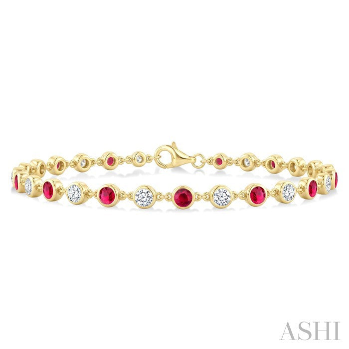 2.7 MM Round shape Ruby and 1 Ctw Round Cut Diamond Precious Station Bracelet in 14K Yellow Gold