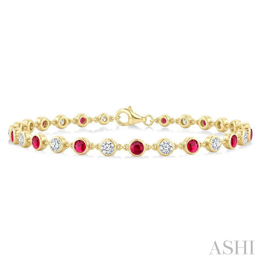 2.7 MM Round shape Ruby and 1 Ctw Round Cut Diamond Precious Station Bracelet in 14K Yellow Gold