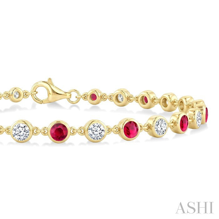 2.7 MM Round shape Ruby and 1 Ctw Round Cut Diamond Precious Station Bracelet in 14K Yellow Gold