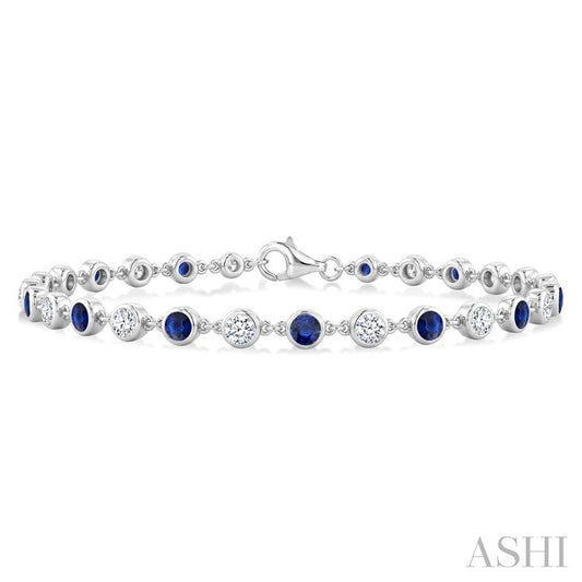 2.7 MM Round shape Sapphire and 1 Ctw Round Cut Diamond Precious Station Bracelet in 14K White Gold