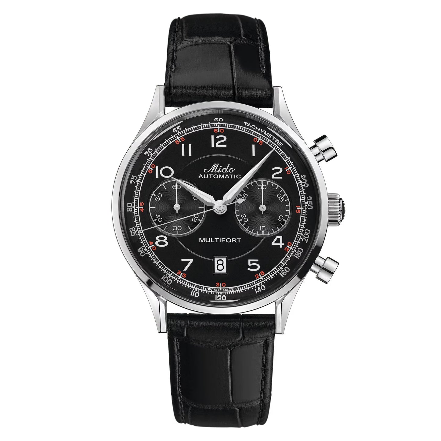 MIDO Multifort Patrimony Chronograph Black Dial, Stainless Steel Watch with Black Leather Strap - 42mm