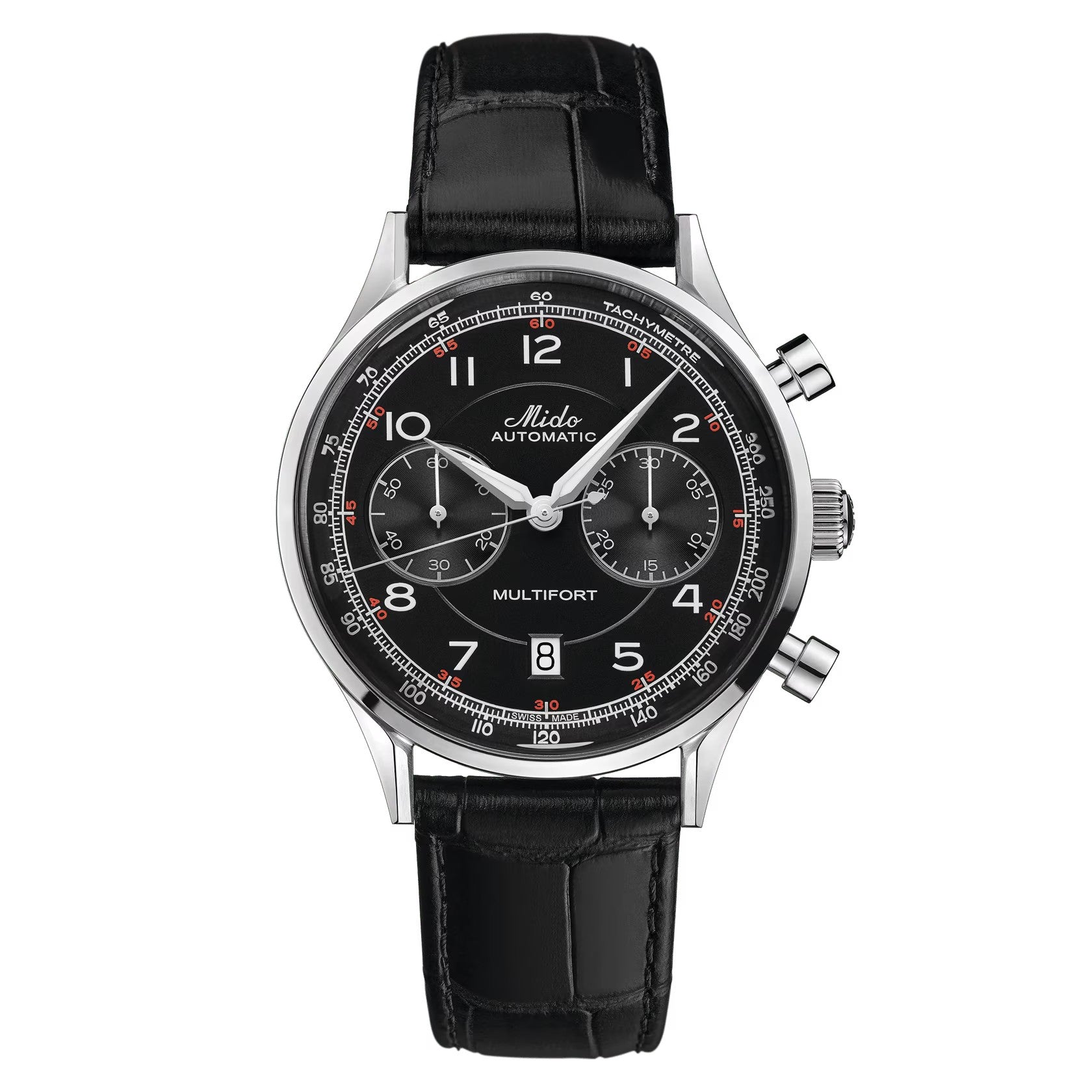 MIDO Multifort Patrimony Chronograph Black Dial, Stainless Steel Watch with Black Leather Strap - 42mm