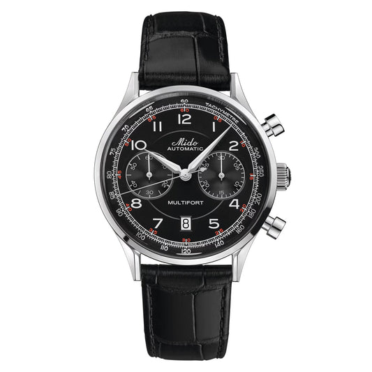 MIDO Multifort Patrimony Chronograph Black Dial, Stainless Steel Watch with Black Leather Strap - 42mm
