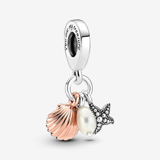 Treated Freshwater Cultured Pearl, Starfish & Shell Triple Dangle Charm