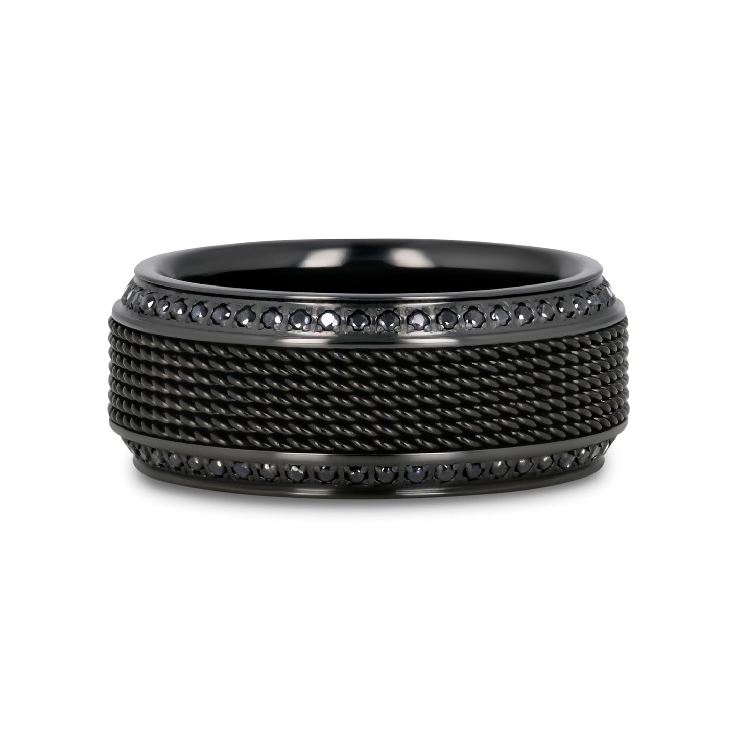 KNIGHT Steel Chain Black Titanium Wedding Ring Polished Beveled Edges Set with Round Black Diamonds - 10mm