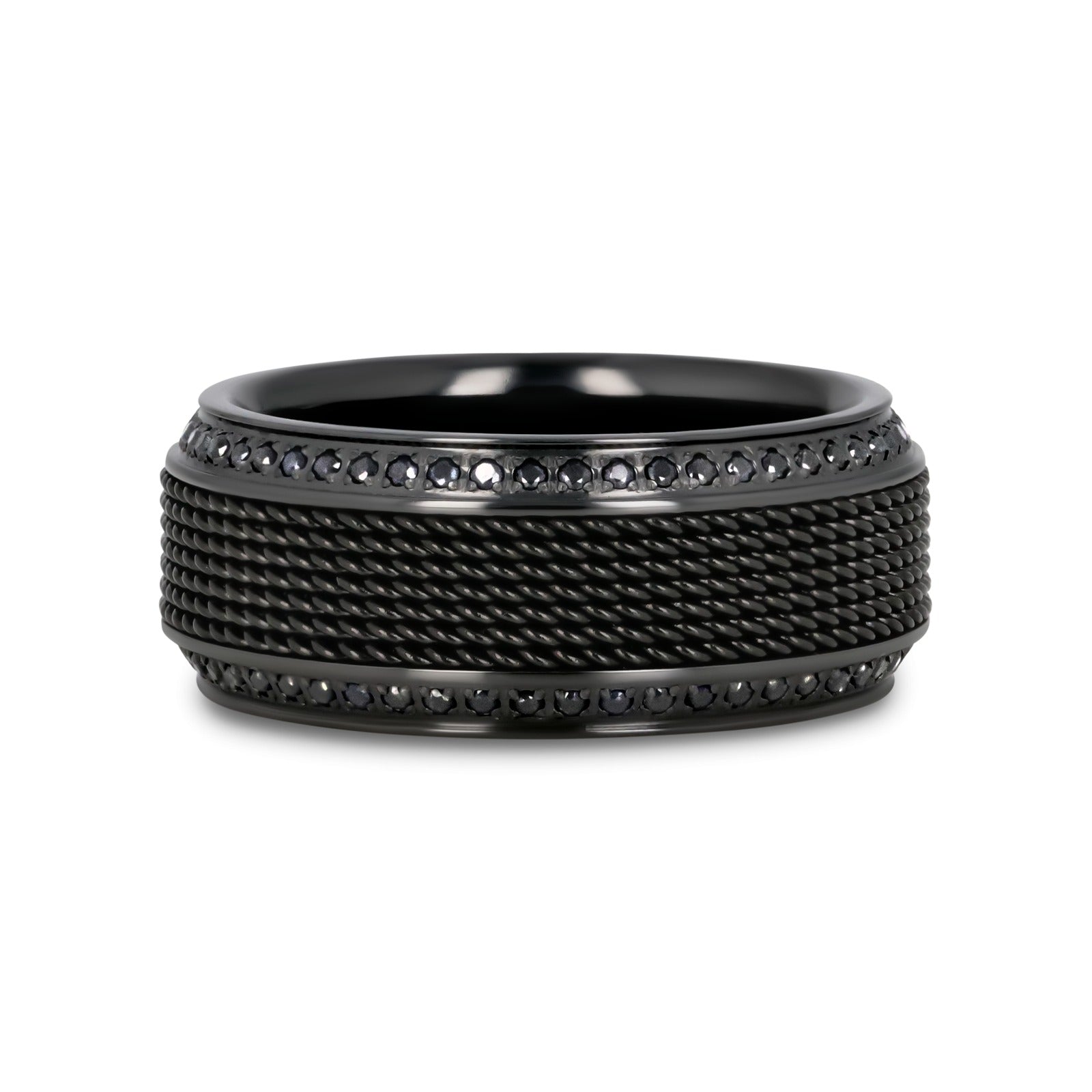 KNIGHT Steel Chain Black Titanium Wedding Ring Polished Beveled Edges Set with Round Black Diamonds - 10mm
