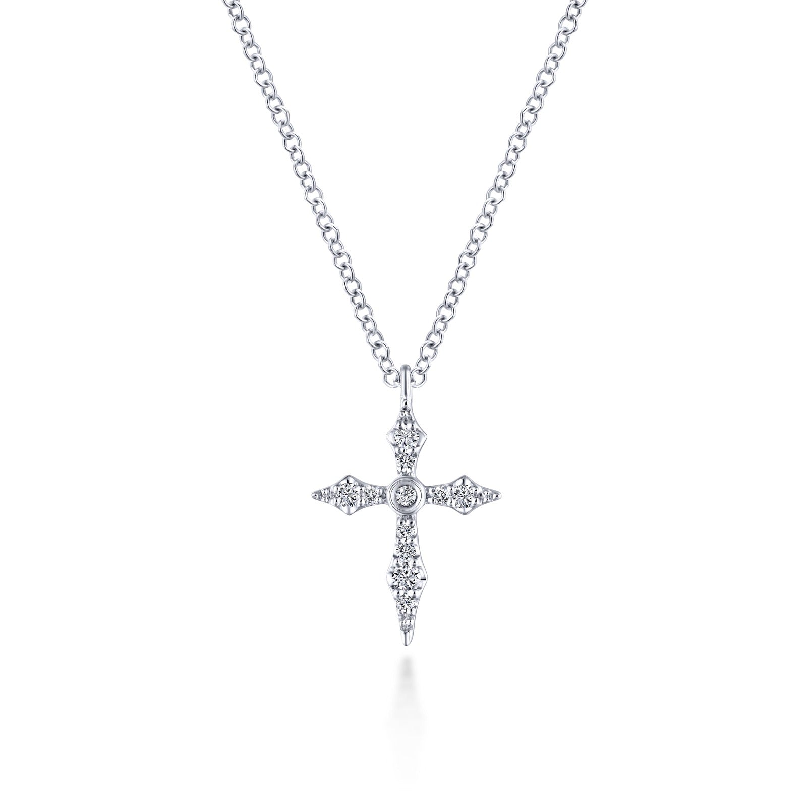 Gabriel & Co. 14K White Gold Sculpted Diamond Cross Pendant Necklace Kaslique 17.5 .09CTW