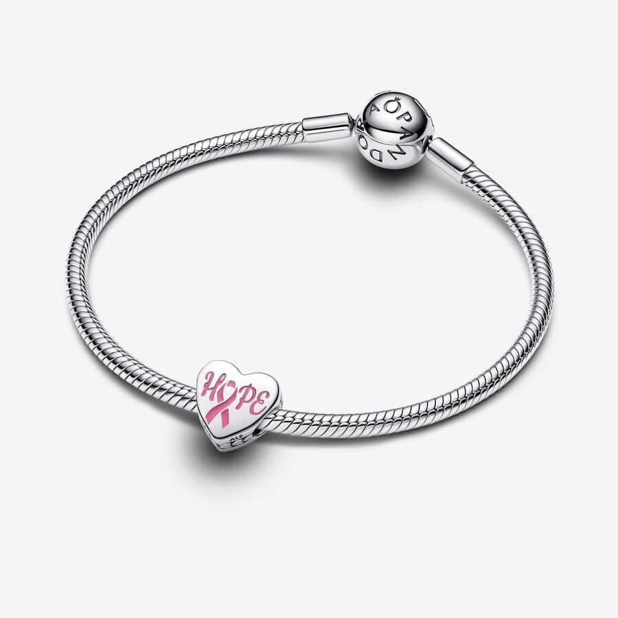 Hope heart sterling silver charm with pink enamel