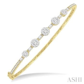 1 1/10 Ctw Lovebright Circular Mounts Baguette & Round Cut Diamond Bangle in 14K Yellow and White Gold