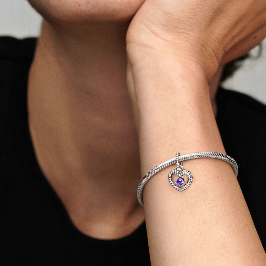 February Purple Beaded Heart Dangle Charm