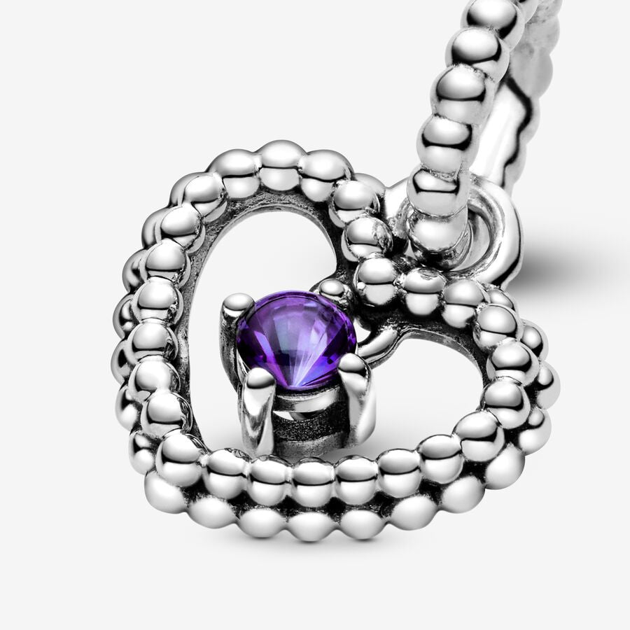 February Purple Beaded Heart Dangle Charm