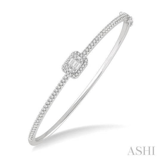 1 Ctw Emerald Shape Fusion Baguette and Round Cut Diamond Stackable Bangle in 14K White Gold