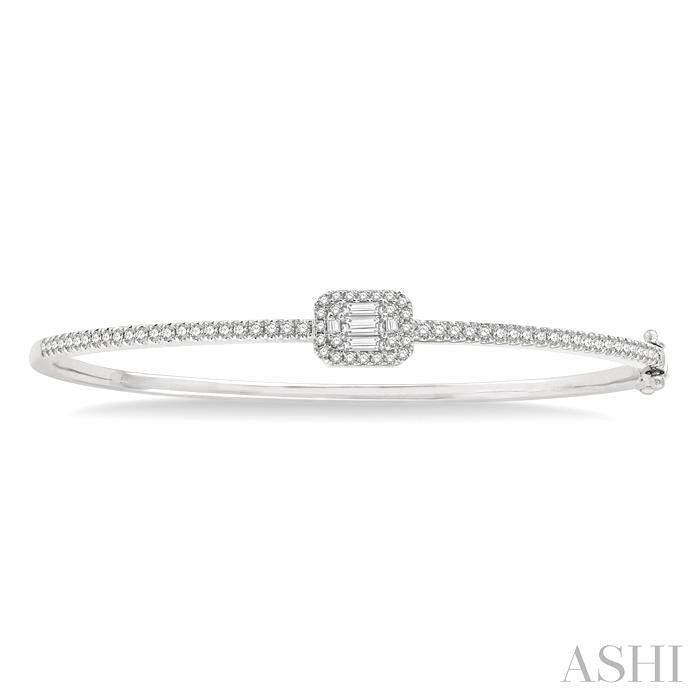 1 Ctw Emerald Shape Fusion Baguette and Round Cut Diamond Stackable Bangle in 14K White Gold