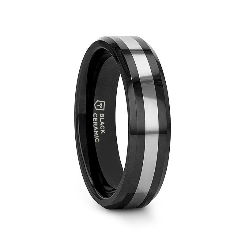 ASTADI Polished Black Beveled Ceramic Ring with Tungsten Inlay - 6mm (Limited Stock)