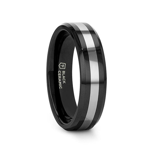 ASTADI Polished Black Beveled Ceramic Ring with Tungsten Inlay - 6mm (Limited Stock)