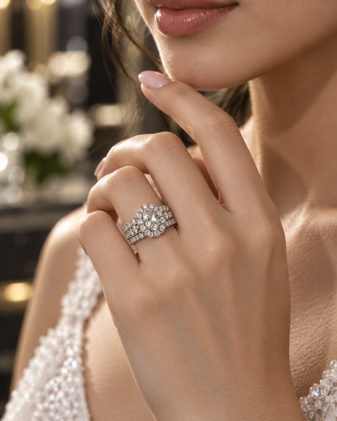 14K White Gold 2.20 CTW Oval Diamond Halo Wedding Set