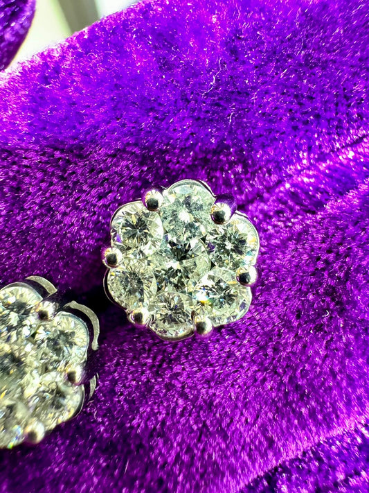 14k White Gold 1.90 Carat Flower Diamond Earrings