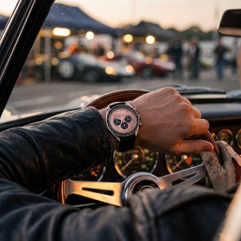 Omega Speedmaster Moonwatch Professional 42 mm — Steel ‑ Sedna™ Gold on Alligator — lifestyle