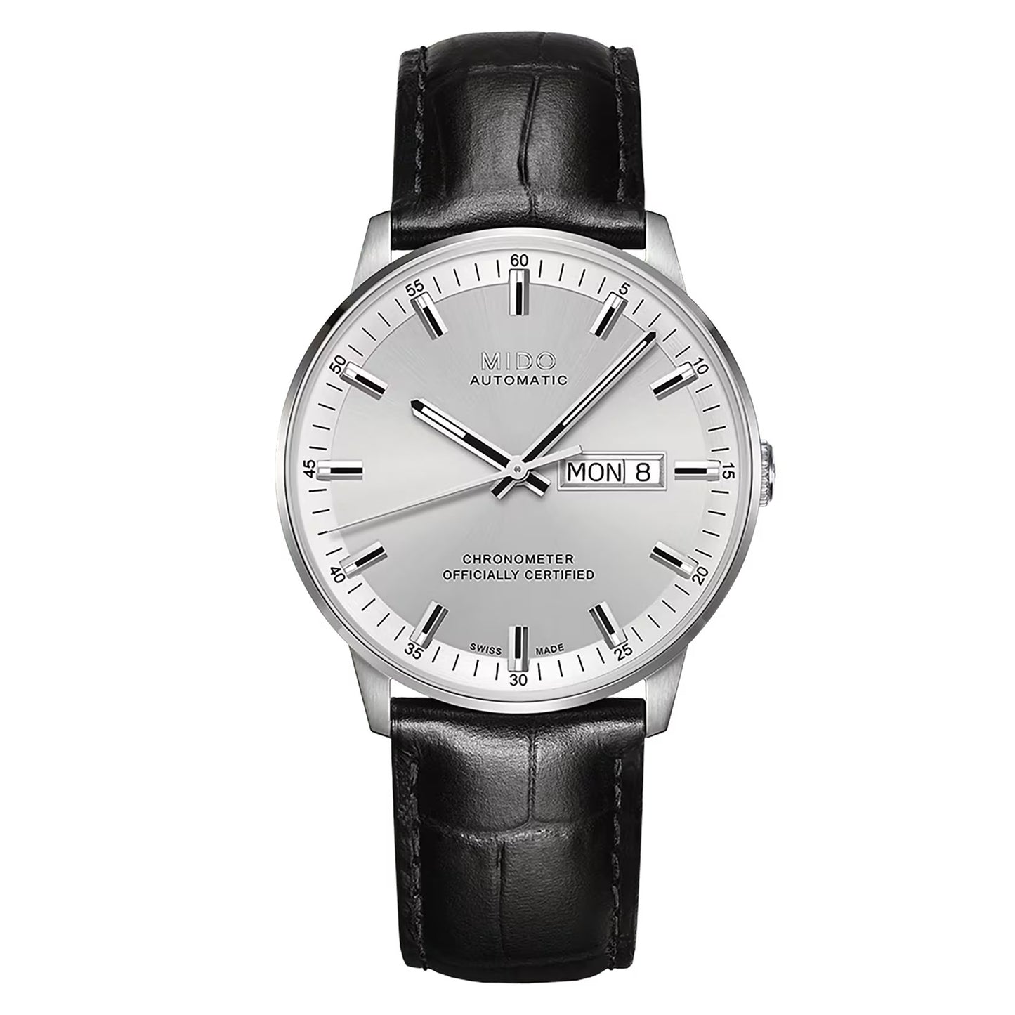 MIDO Commander Chronometer Silver Dial - Stainless Steel Watch - Black Leather Strap- 40mm