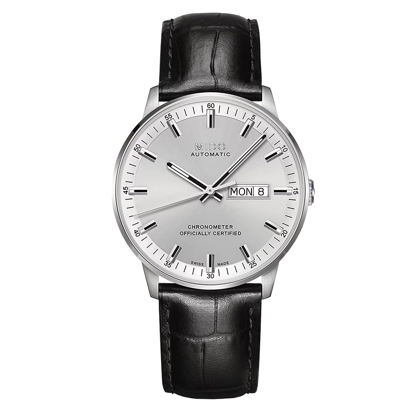 MIDO Commander Chronometer Silver Dial - Stainless Steel Watch - Black Leather Strap- 40mm