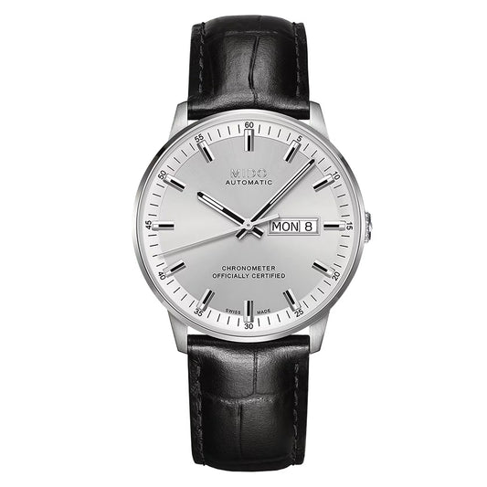 MIDO Commander Chronometer Silver Dial - Stainless Steel Watch - Black Leather Strap- 40mm