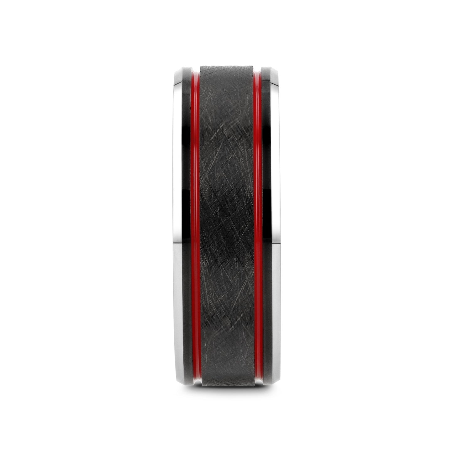 OLIS Wire Finish Centered Black Tungsten Men's Wedding Band With Double Red Stripe Polished Beveled Edges - 8mm