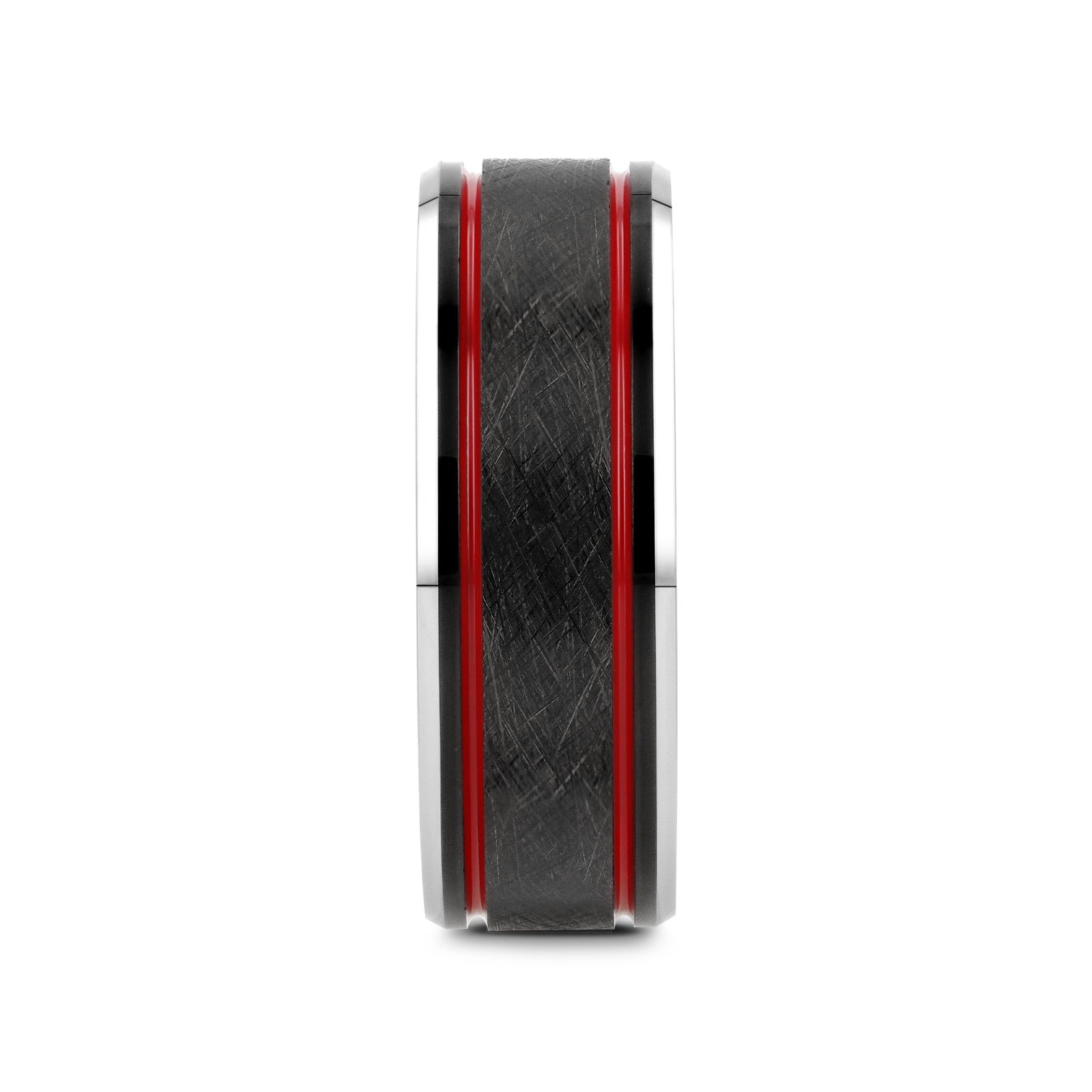 OLIS Wire Finish Centered Black Tungsten Men's Wedding Band With Double Red Stripe Polished Beveled Edges - 8mm