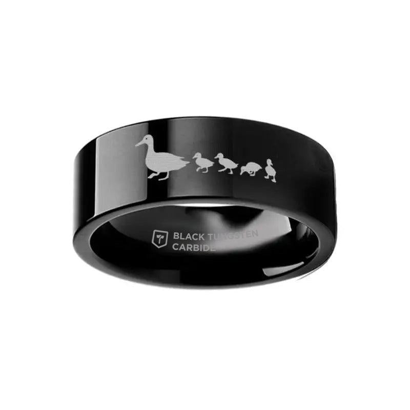 Duck Duckling Landscape Engraved Flat Black Tungsten Ring - 4mm - 12mm - 8mm