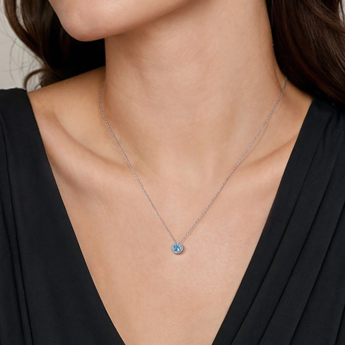 Gabriel & Co. 14K White Gold Round Swiss Blue Topaz and Diamond Halo Pendant Necklace .06CTW