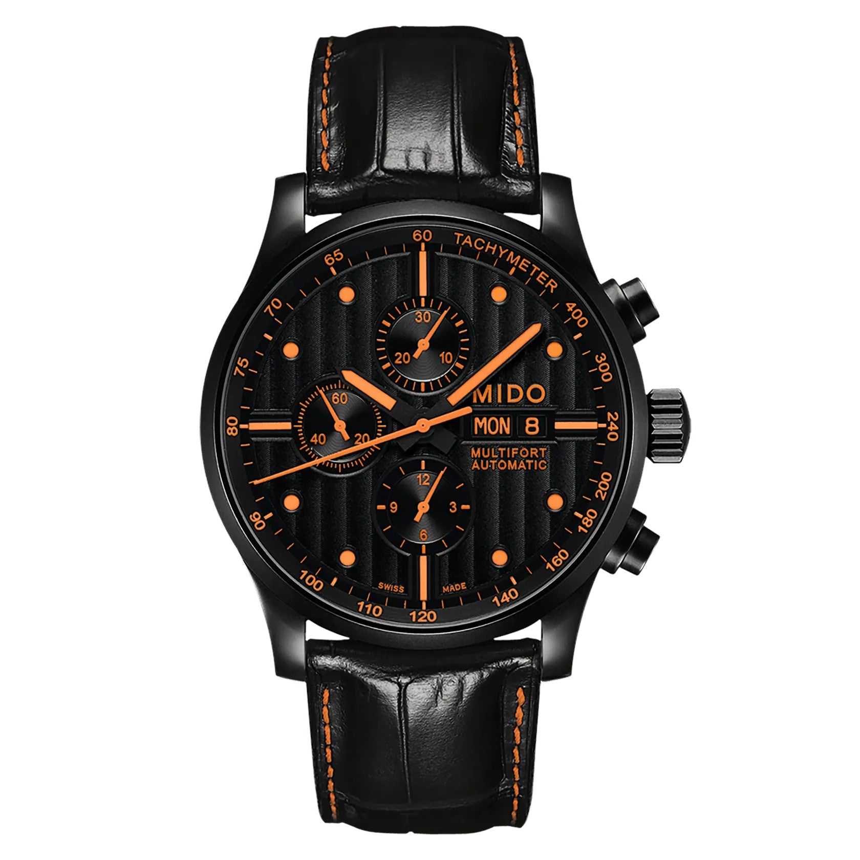 MIDO Multifort Gent Chronograph Black Dial Stainless Steel with Black PVD Coating - Black Leather Strap and additional O