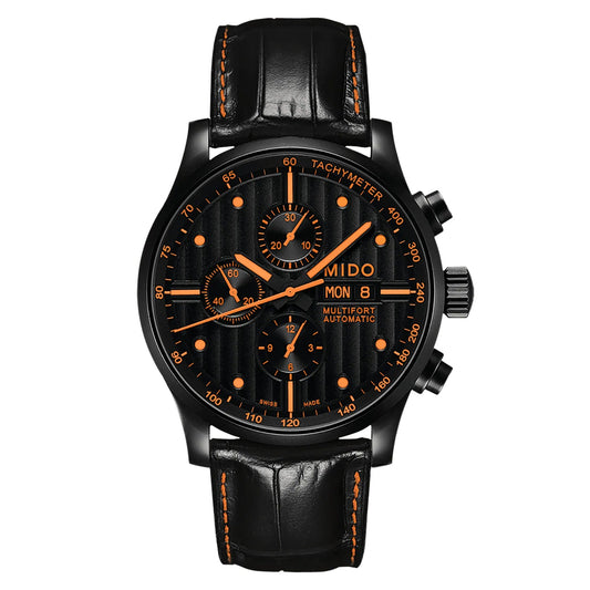 MIDO Multifort Gent Chronograph Black Dial Stainless Steel with Black PVD Coating - Black Leather Strap and additional O