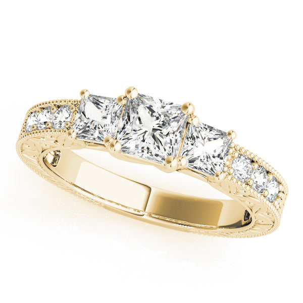 3-Stone Single Row Milgrain Princess Engagement Ting