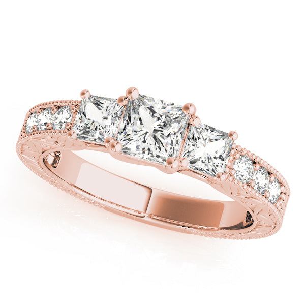 3-Stone Single Row Milgrain Princess Engagement Ting