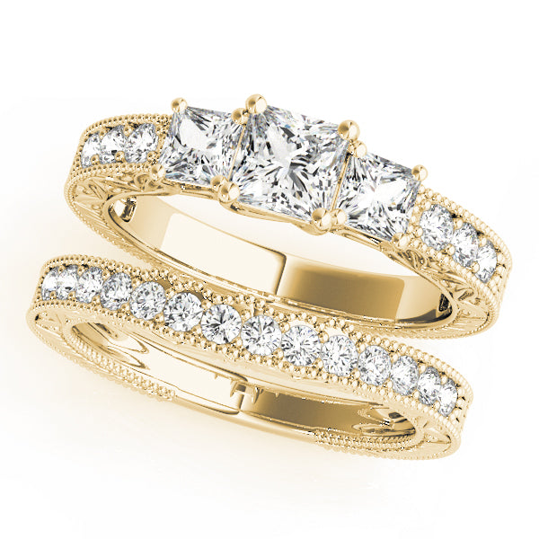 3-Stone Single Row Milgrain Princess Engagement Ting