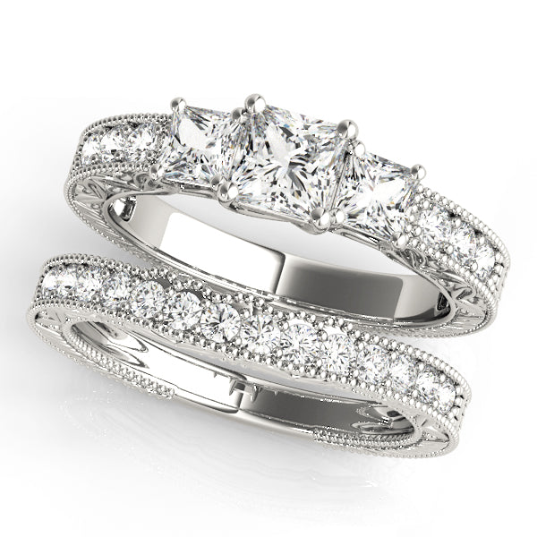 3-Stone Single Row Milgrain Princess Engagement Ting