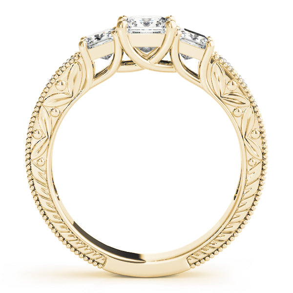 3-Stone Single Row Milgrain Princess Engagement Ting