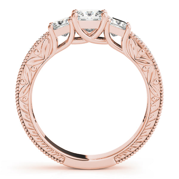 3-Stone Single Row Milgrain Princess Engagement Ting