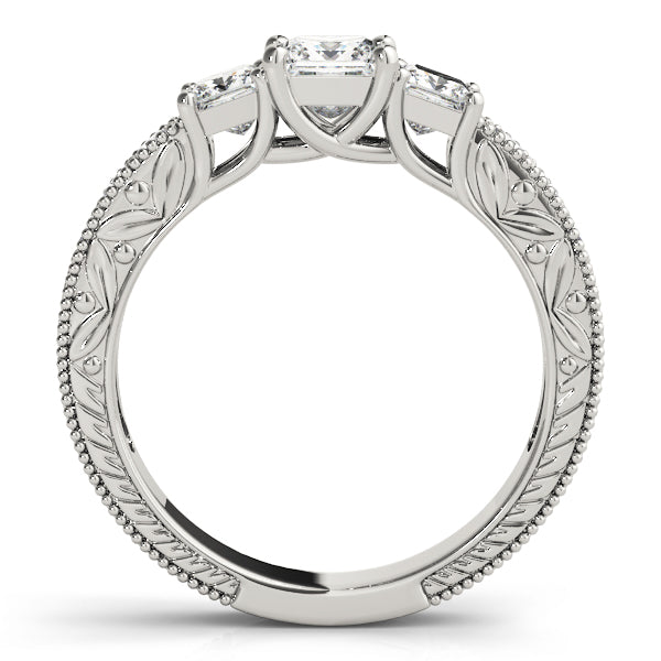 3-Stone Single Row Milgrain Princess Engagement Ting