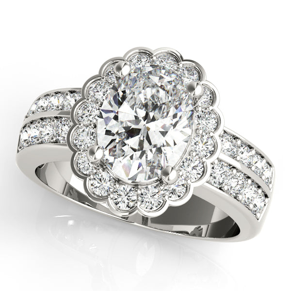 Double Row Floral Oval Halo Engagement Ring