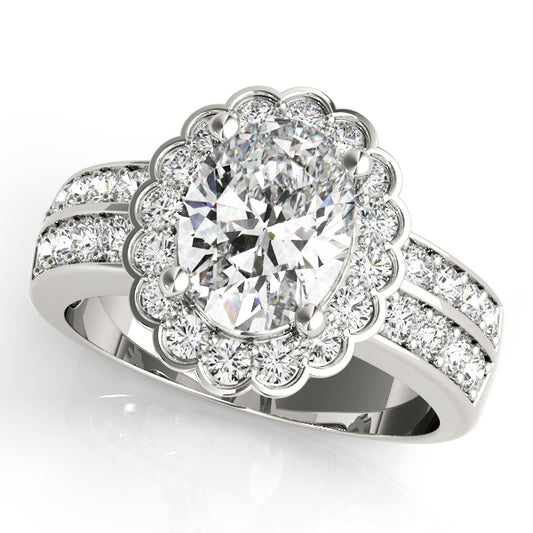 Double Row Floral Oval Halo Engagement Ring